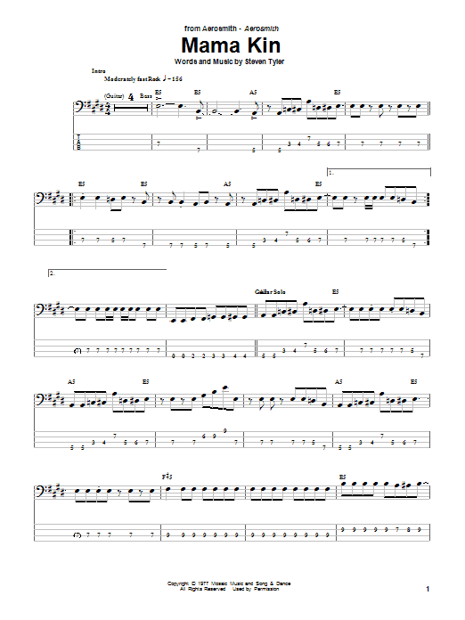 Aerosmith Mama Kin sheet music notes and chords arranged for Bass Guitar Tab