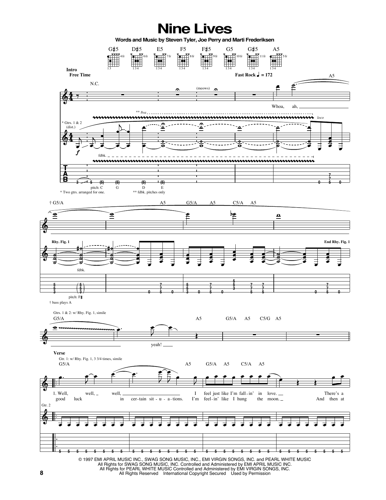 Aerosmith Nine Lives sheet music notes and chords arranged for Guitar Tab