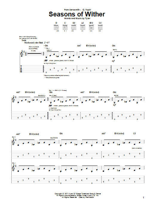 Aerosmith Seasons Of Wither sheet music notes and chords arranged for Guitar Tab