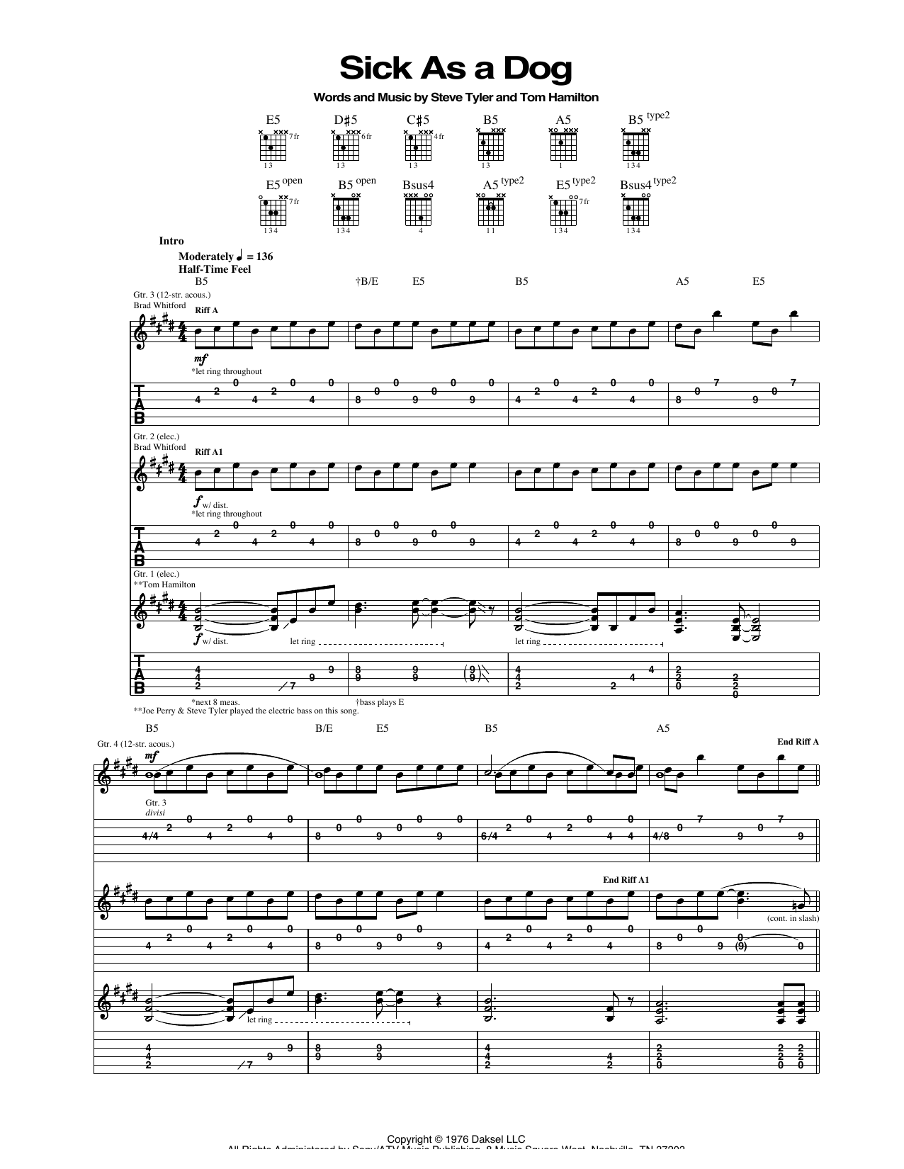 Aerosmith Sick As A Dog sheet music notes and chords arranged for Guitar Tab
