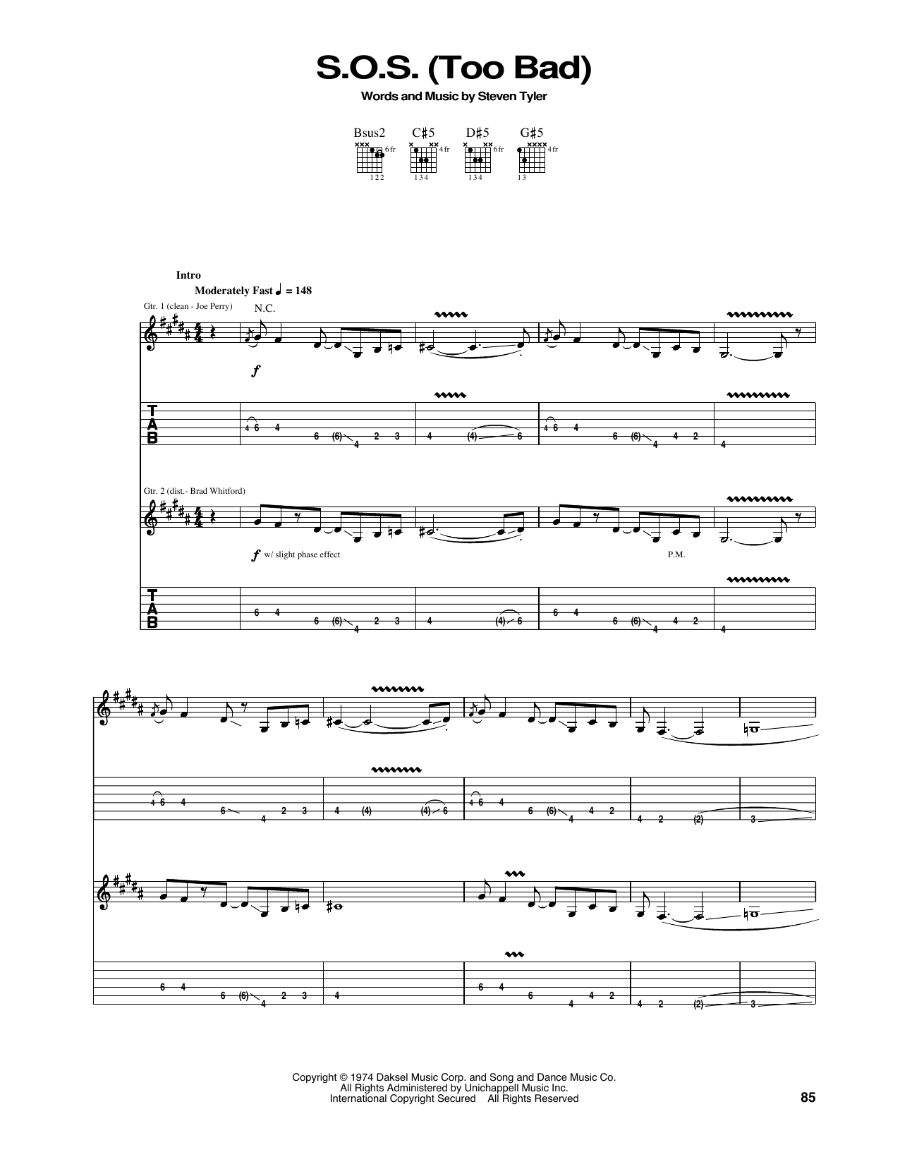 Aerosmith S.O.S. (Too Bad) sheet music notes and chords arranged for Guitar Tab