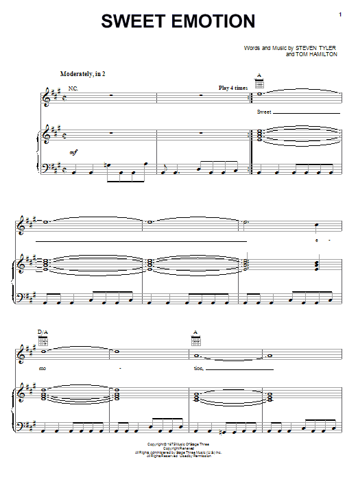 Aerosmith Sweet Emotion sheet music notes and chords arranged for Piano Solo