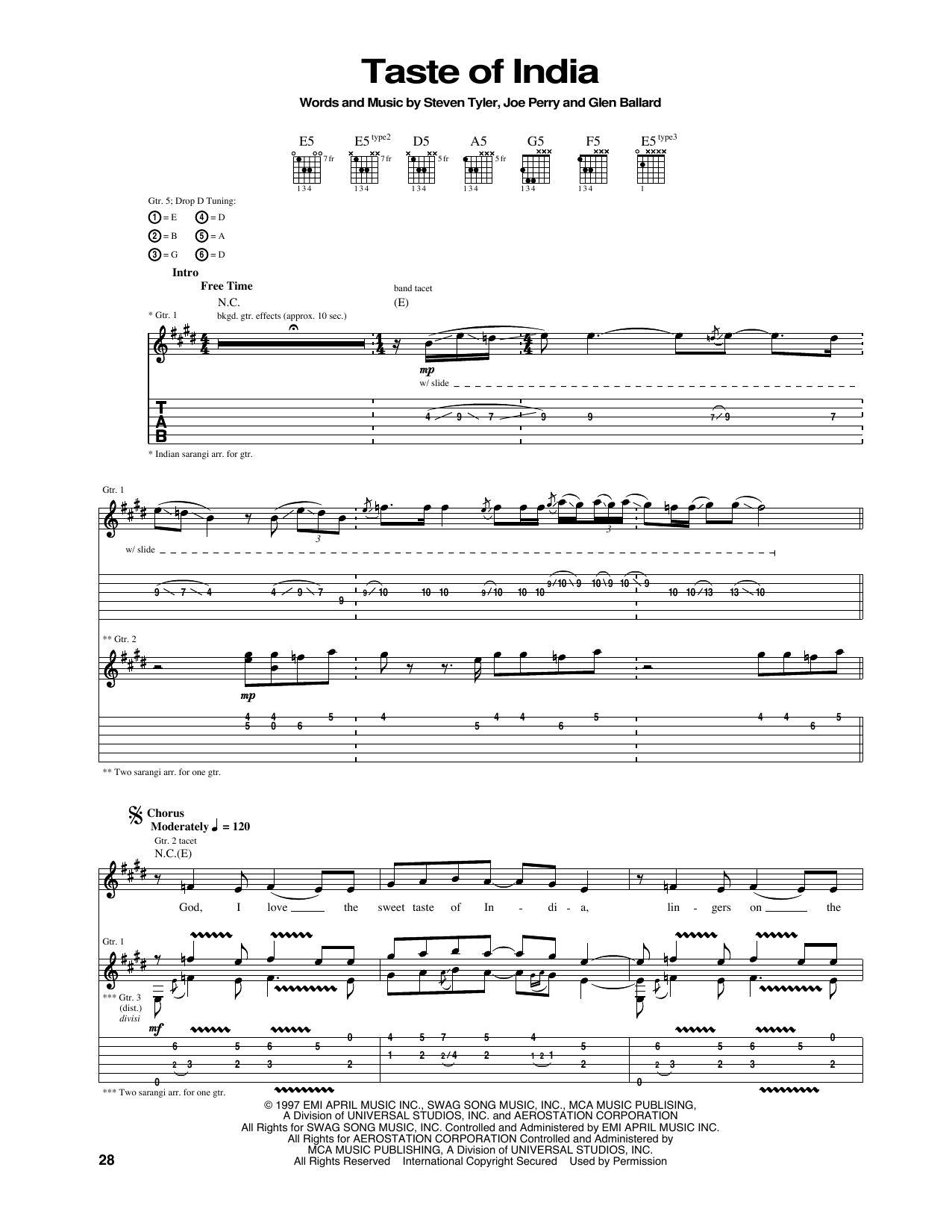 Aerosmith Taste Of India sheet music notes and chords arranged for Guitar Tab