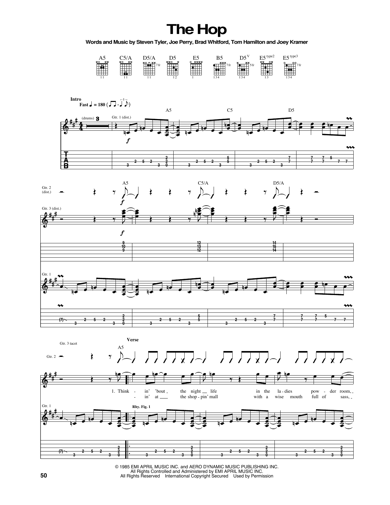 Aerosmith The Hop sheet music notes and chords arranged for Piano, Vocal & Guitar Chords (Right-Hand Melody)