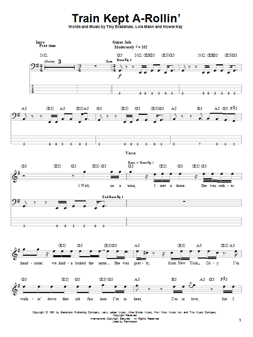 Aerosmith Train Kept A-Rollin' sheet music notes and chords arranged for Guitar Tab (Single Guitar)