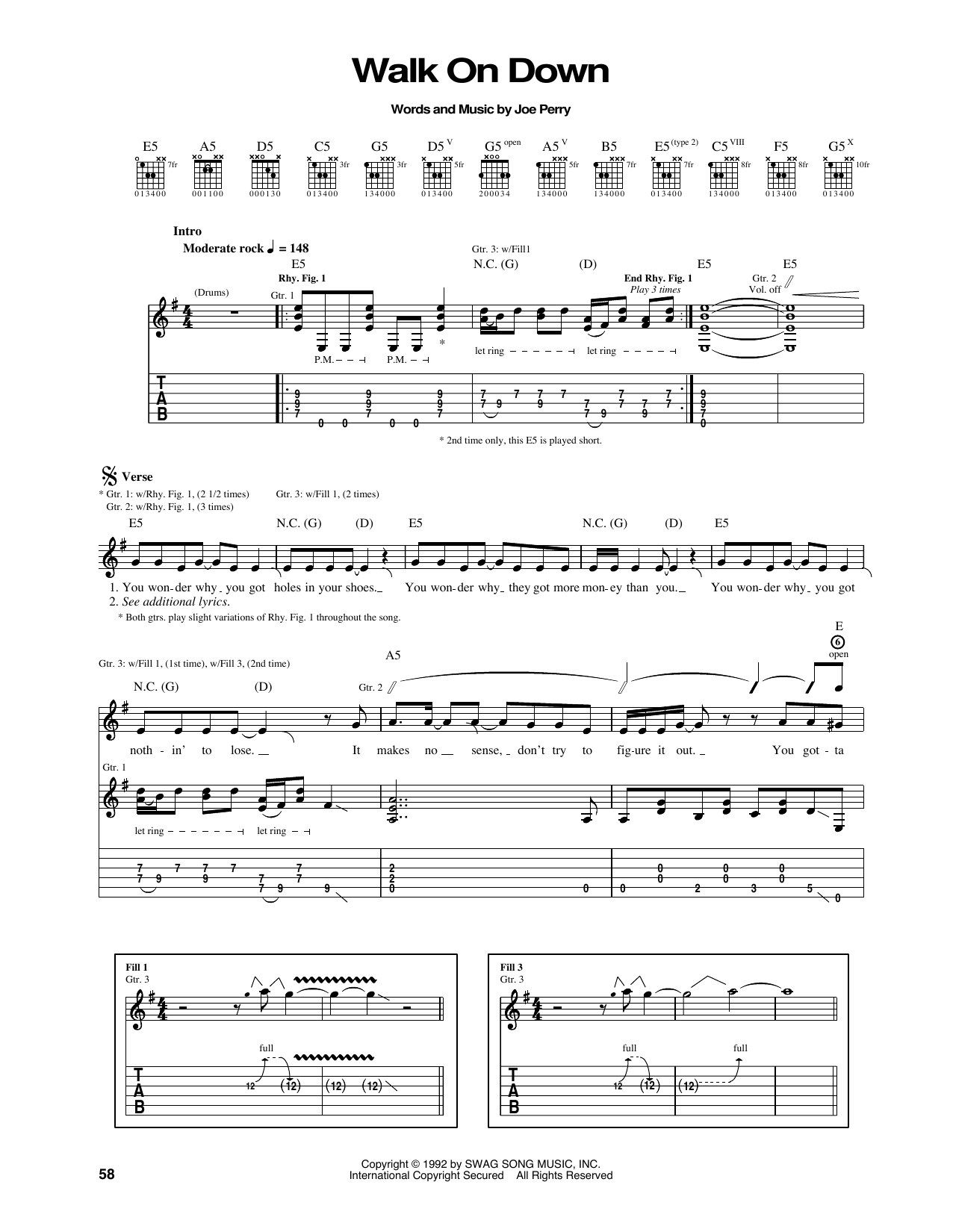 Aerosmith Walk On Down sheet music notes and chords arranged for Guitar Tab