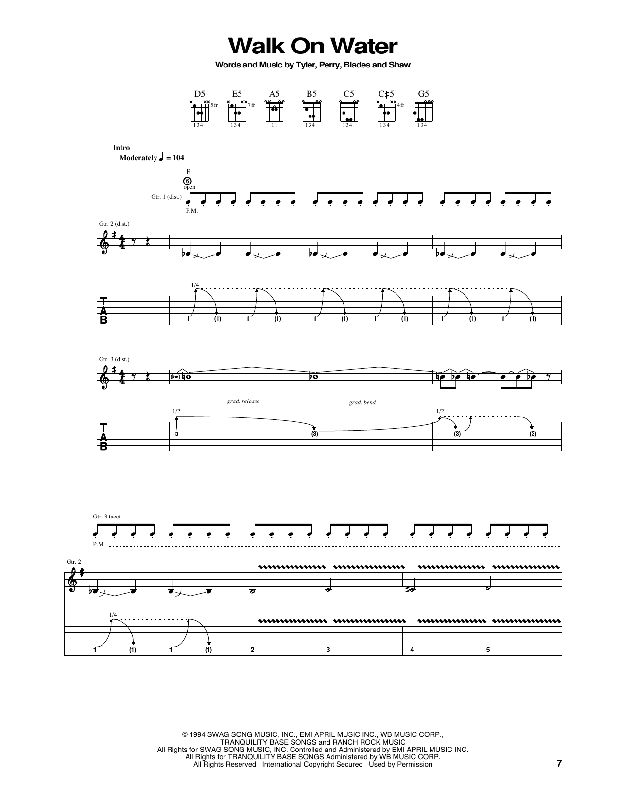 Aerosmith Walk On Water sheet music notes and chords arranged for Piano, Vocal & Guitar Chords (Right-Hand Melody)
