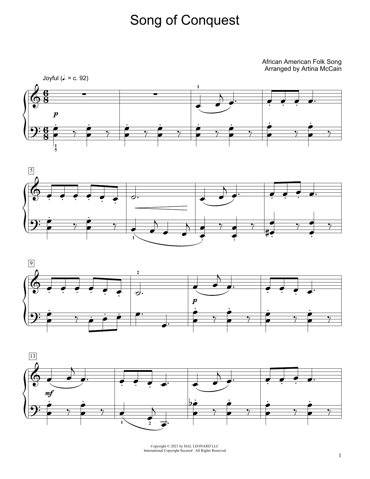 African American Folk Song Song Of Conquest (arr. Artina McCain) sheet music notes and chords arranged for Educational Piano