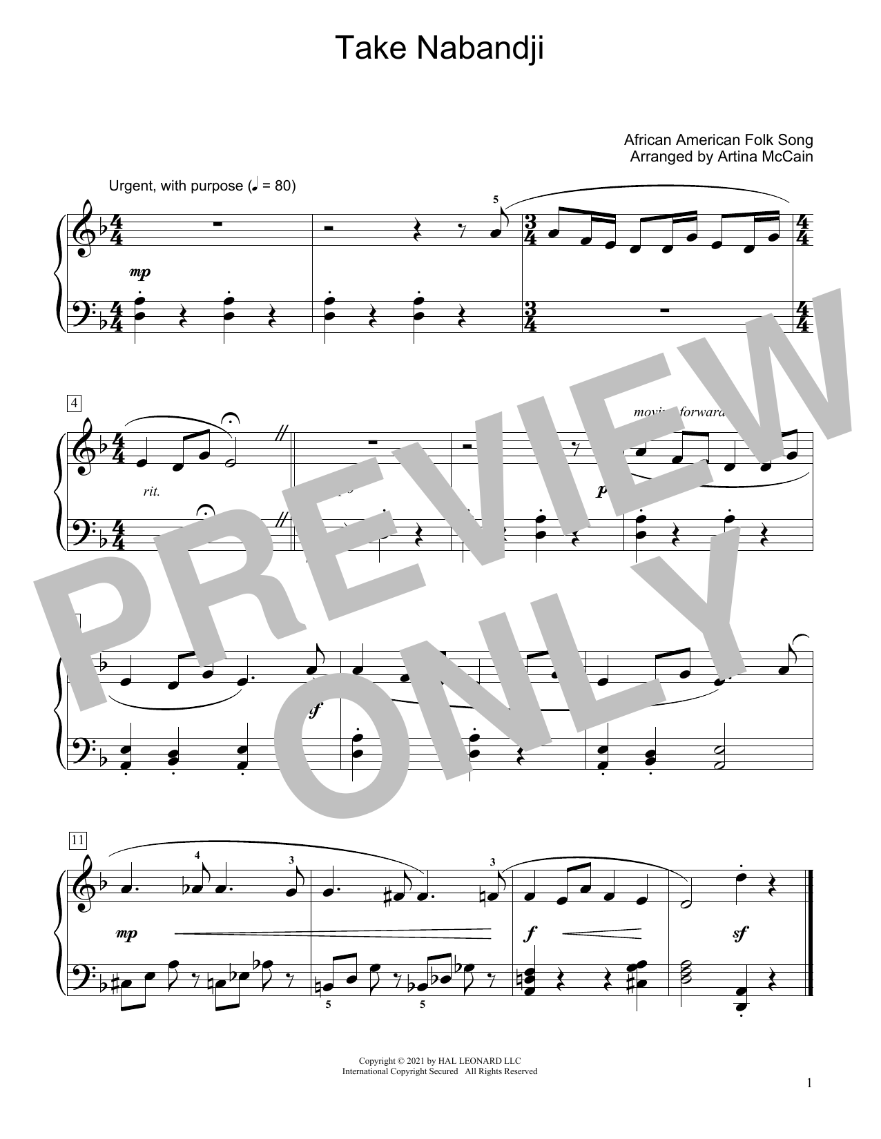 African American Folk Song Take Nabandji (arr. Artina McCain) sheet music notes and chords arranged for Educational Piano