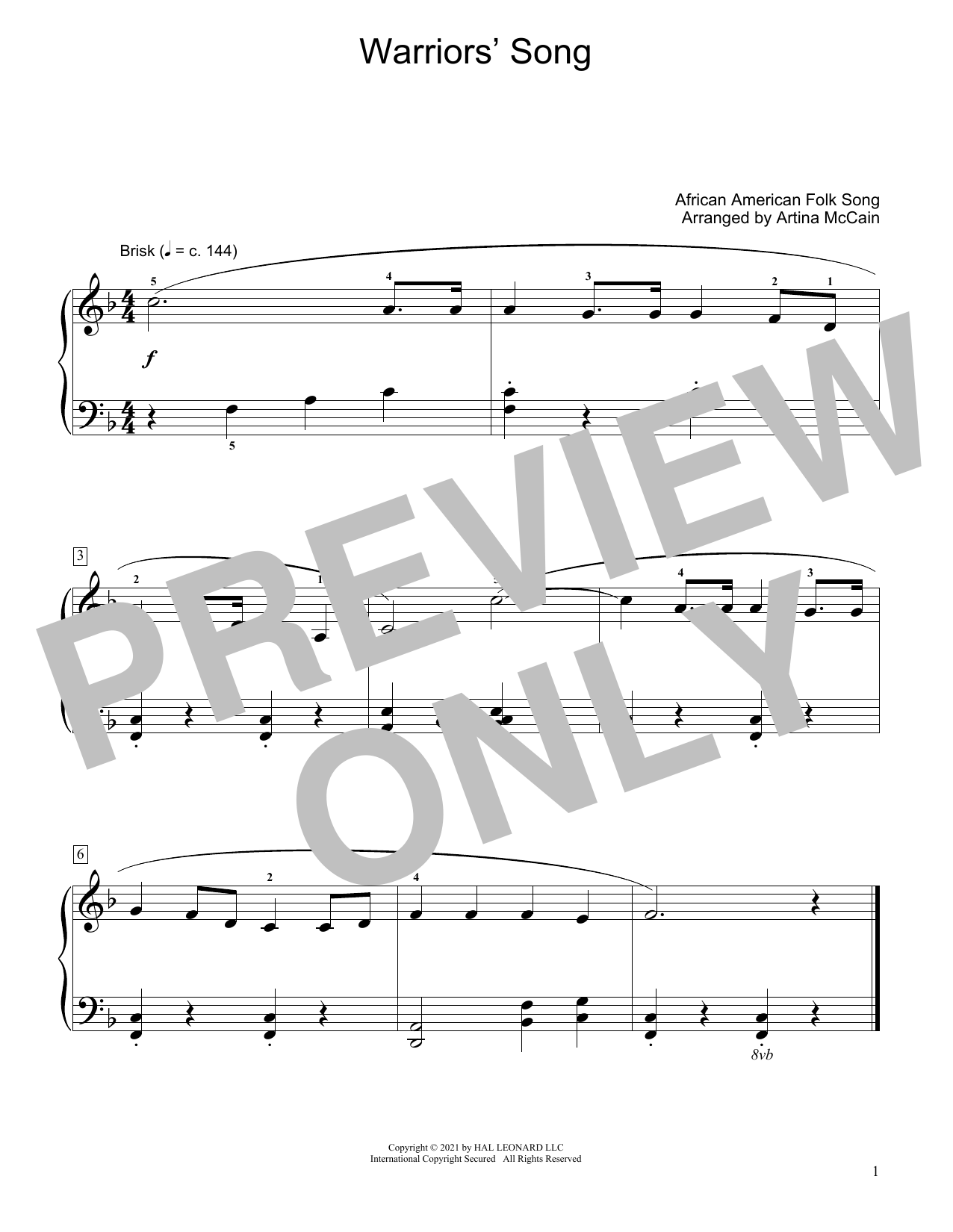 African American Folk Song Warriors' Song (arr. Artina McCain) sheet music notes and chords arranged for Educational Piano