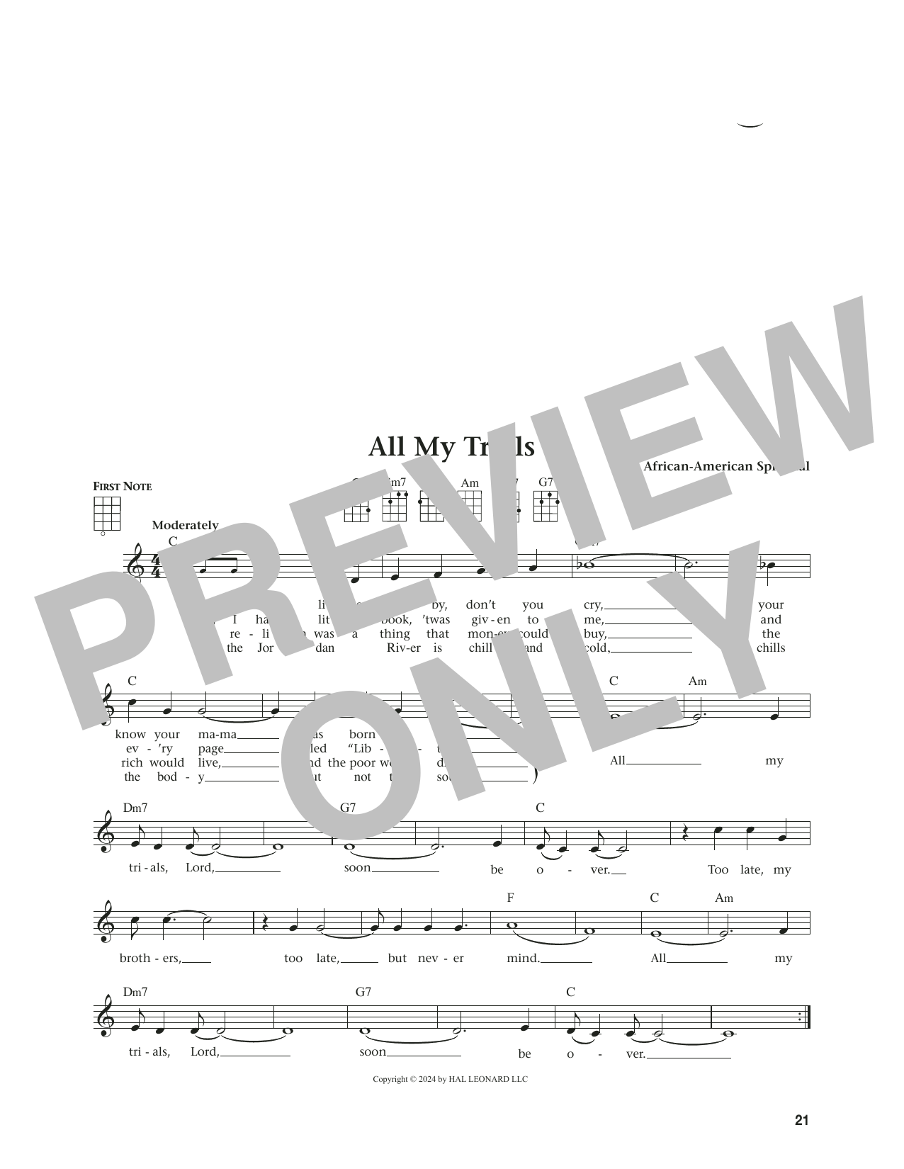 African American Spiritual All My Trials (from The Daily Ukulele) (arr. Jim Beloff) sheet music notes and chords arranged for Ukulele