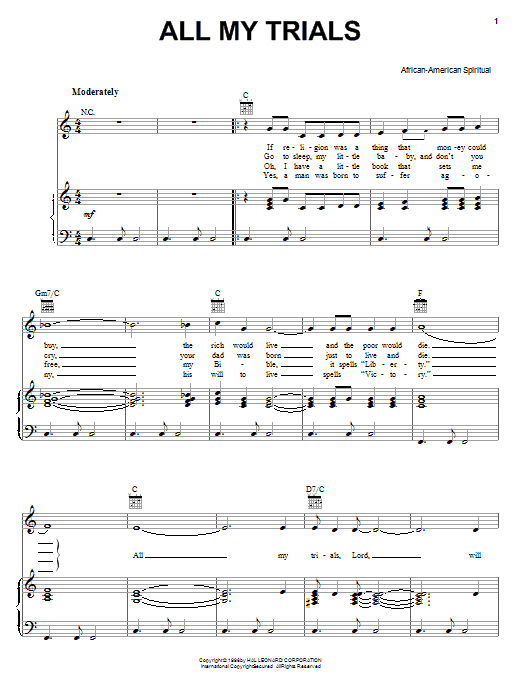African-American Spiritual All My Trials sheet music notes and chords arranged for Guitar Chords/Lyrics