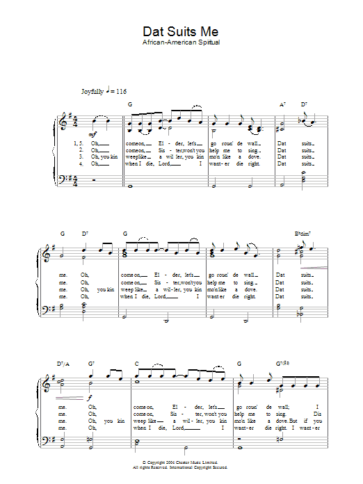 African-American Spiritual Dat Suits Me sheet music notes and chords arranged for Easy Piano