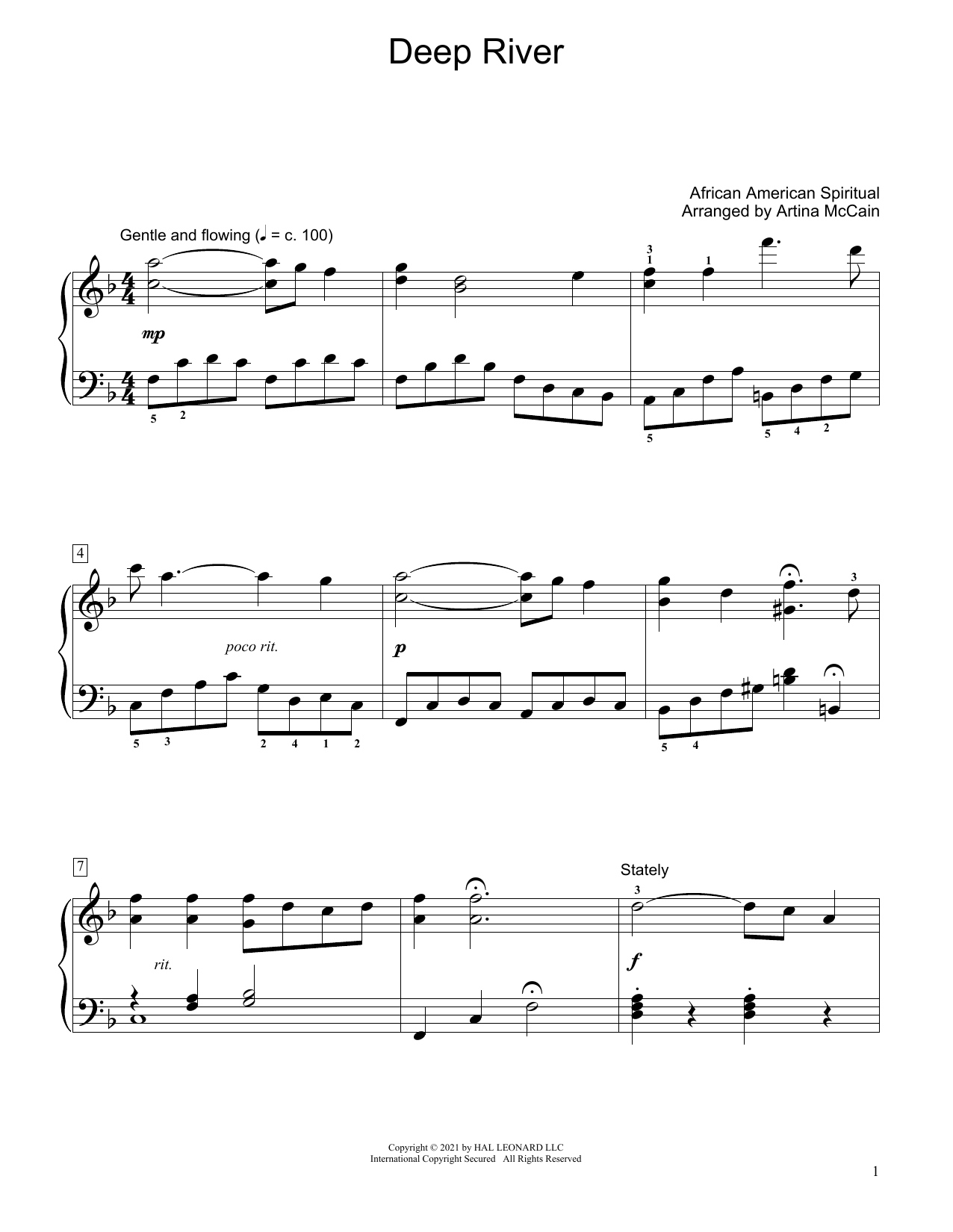 African-American Spiritual Deep River (arr. Artina McCain) sheet music notes and chords arranged for Educational Piano