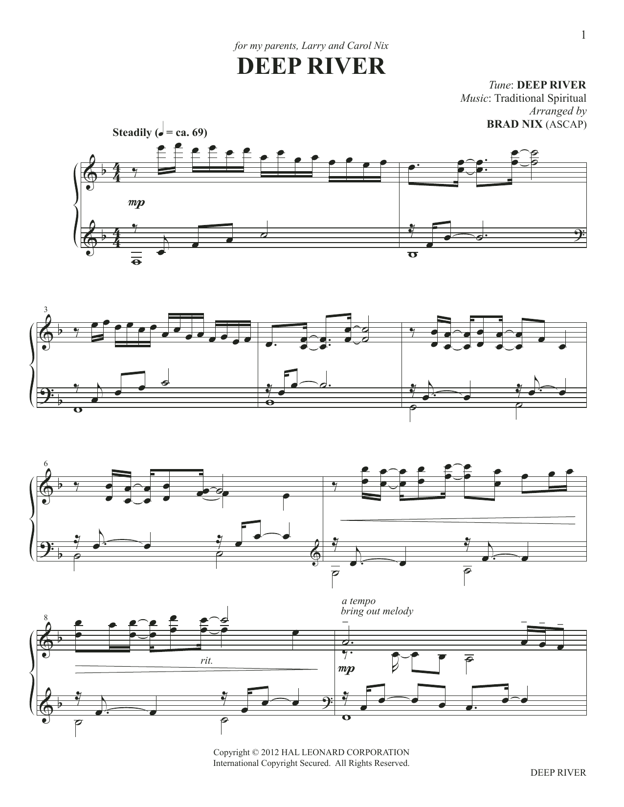 African-American Spiritual Deep River (arr. Brad Nix) sheet music notes and chords arranged for Piano Solo