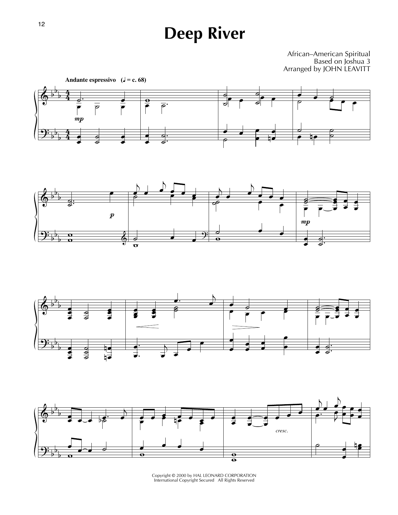 African-American Spiritual Deep River (arr. John Leavitt) sheet music notes and chords arranged for Piano Solo