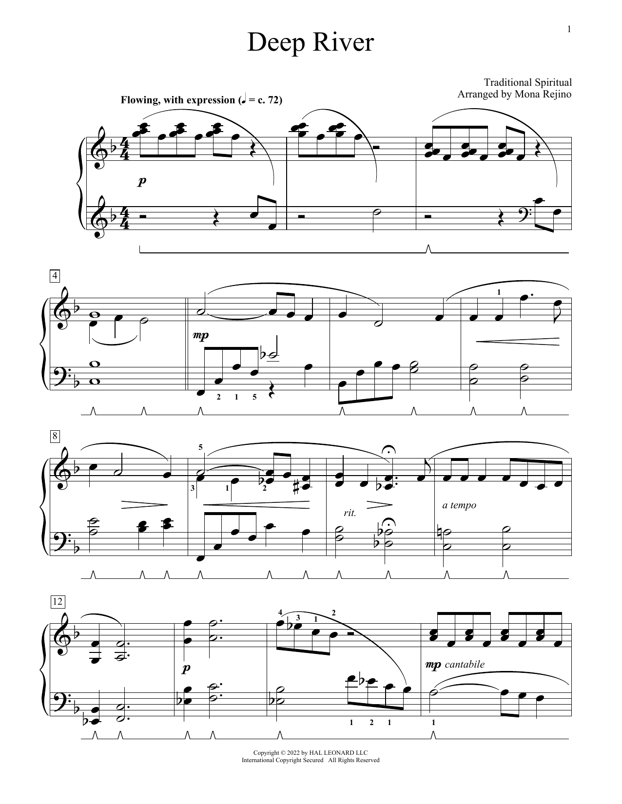 African-American Spiritual Deep River (arr. Mona Rejino) sheet music notes and chords arranged for Educational Piano
