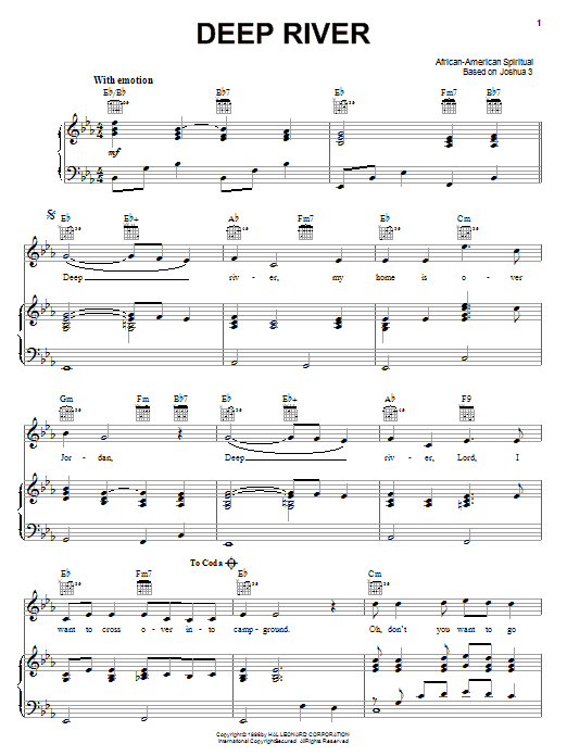 African-American Spiritual Deep River sheet music notes and chords arranged for Piano, Vocal & Guitar Chords (Right-Hand Melody)