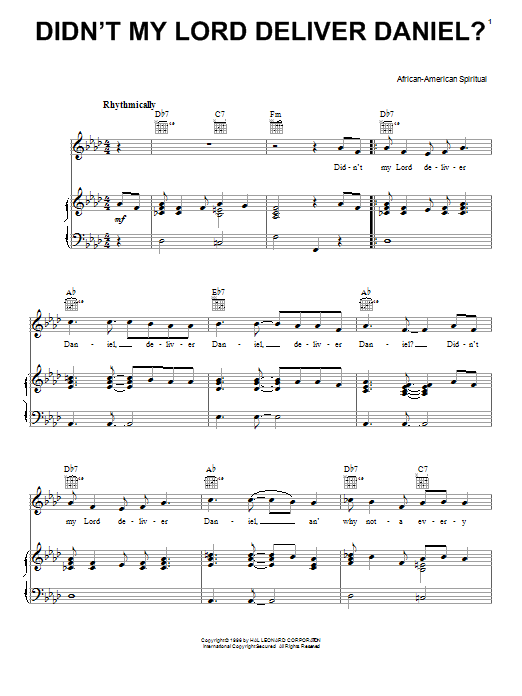 African-American Spiritual Didn't My Lord Deliver Daniel? sheet music notes and chords arranged for Piano, Vocal & Guitar Chords (Right-Hand Melody)