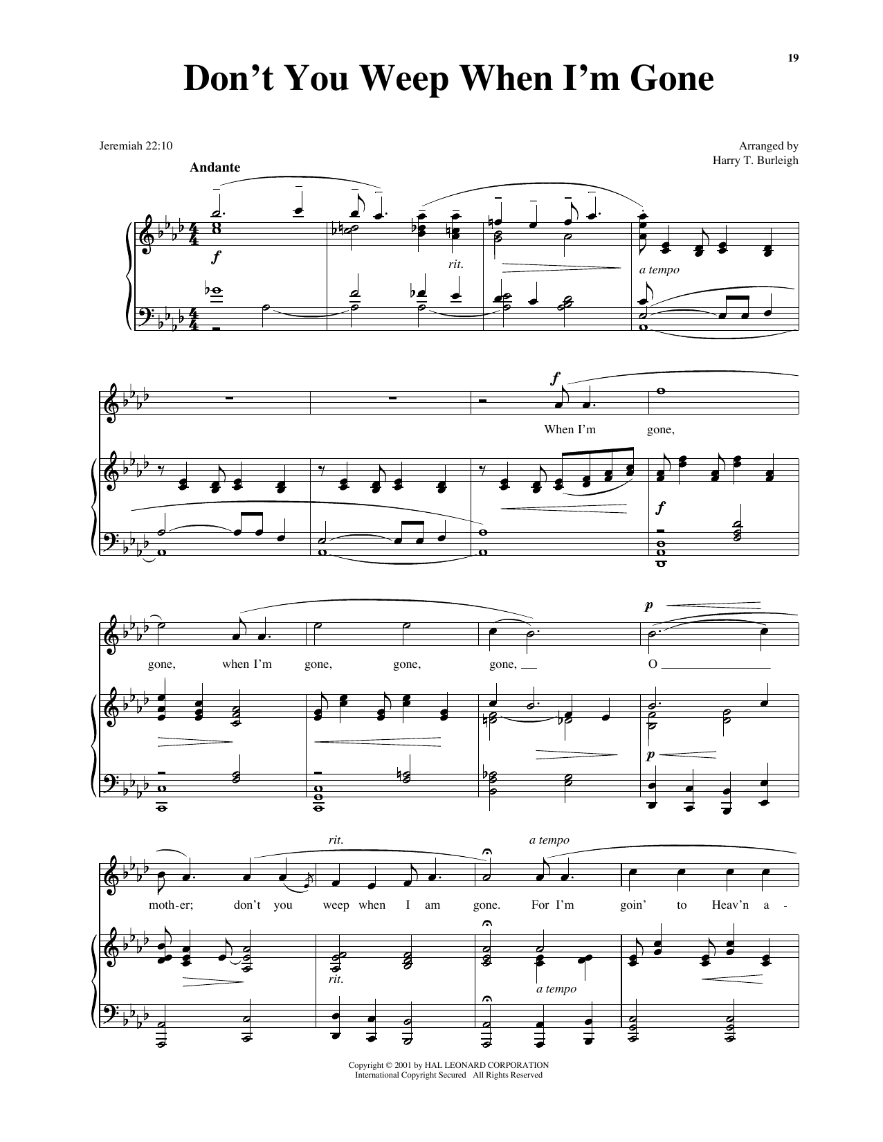 African American Spiritual Don't You Weep When I'm Gone sheet music notes and chords arranged for Piano & Vocal