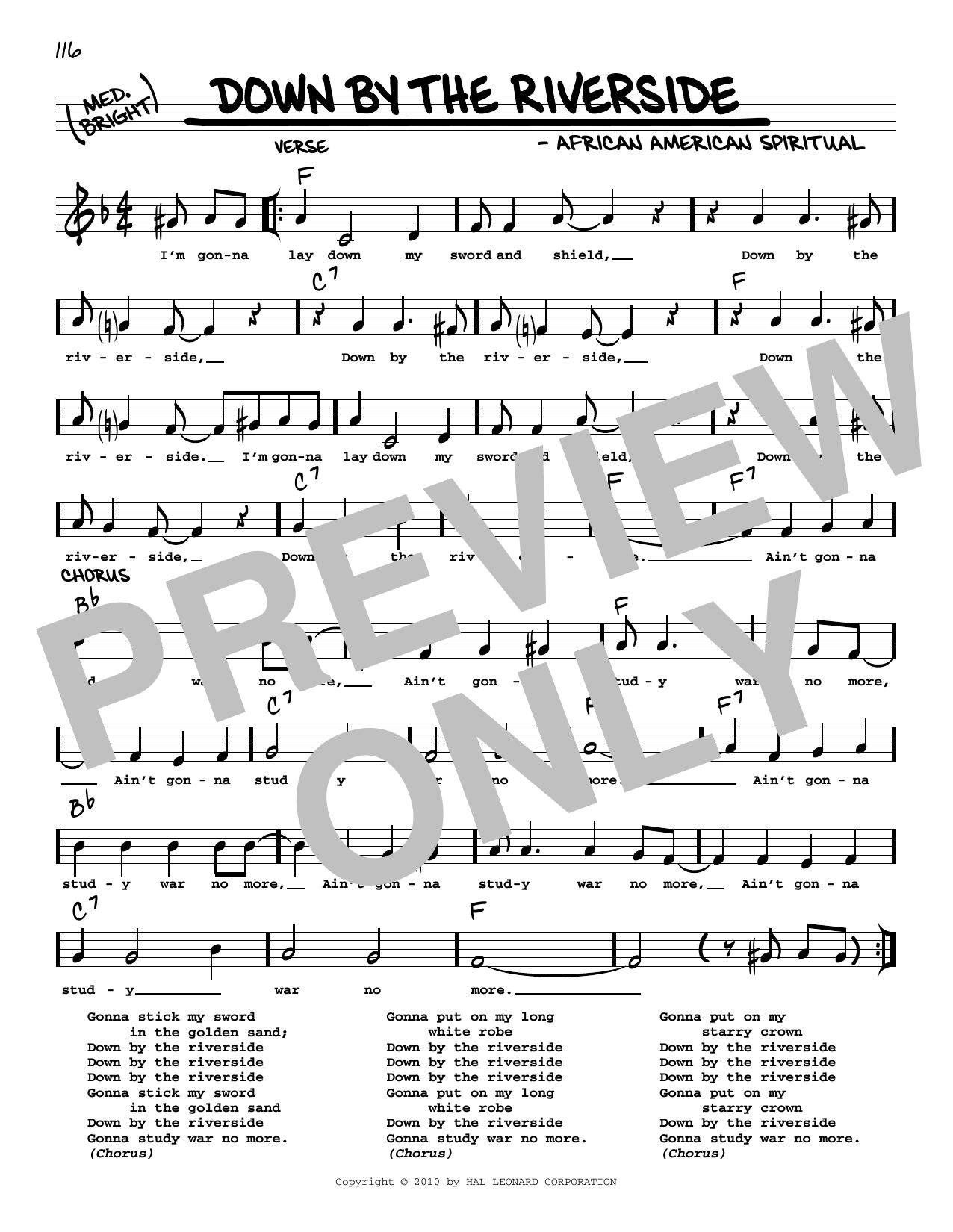 African American Spiritual Down By The Riverside (arr. Robert Rawlins) sheet music notes and chords arranged for Real Book – Melody, Lyrics & Chords