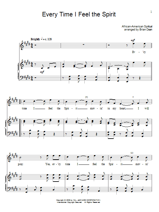 African-American Spiritual Every Time I Feel The Spirit sheet music notes and chords arranged for Piano, Vocal & Guitar Chords (Right-Hand Melody)