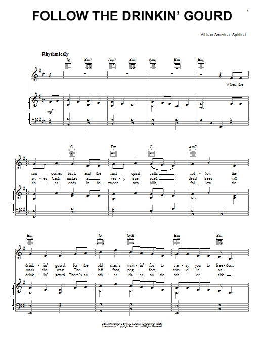 African-American Spiritual Follow The Drinkin' Gourd sheet music notes and chords arranged for Ocarina