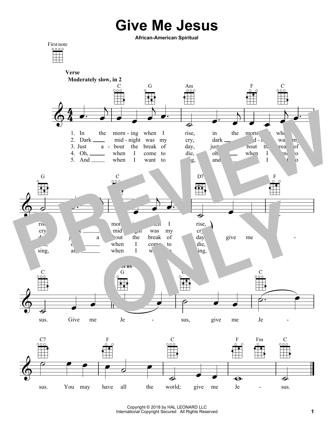African-American Spiritual Give Me Jesus sheet music notes and chords arranged for Ukulele