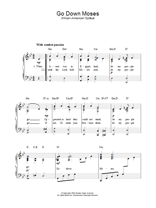 African-American Spiritual Go Down, Moses sheet music notes and chords arranged for Piano Solo