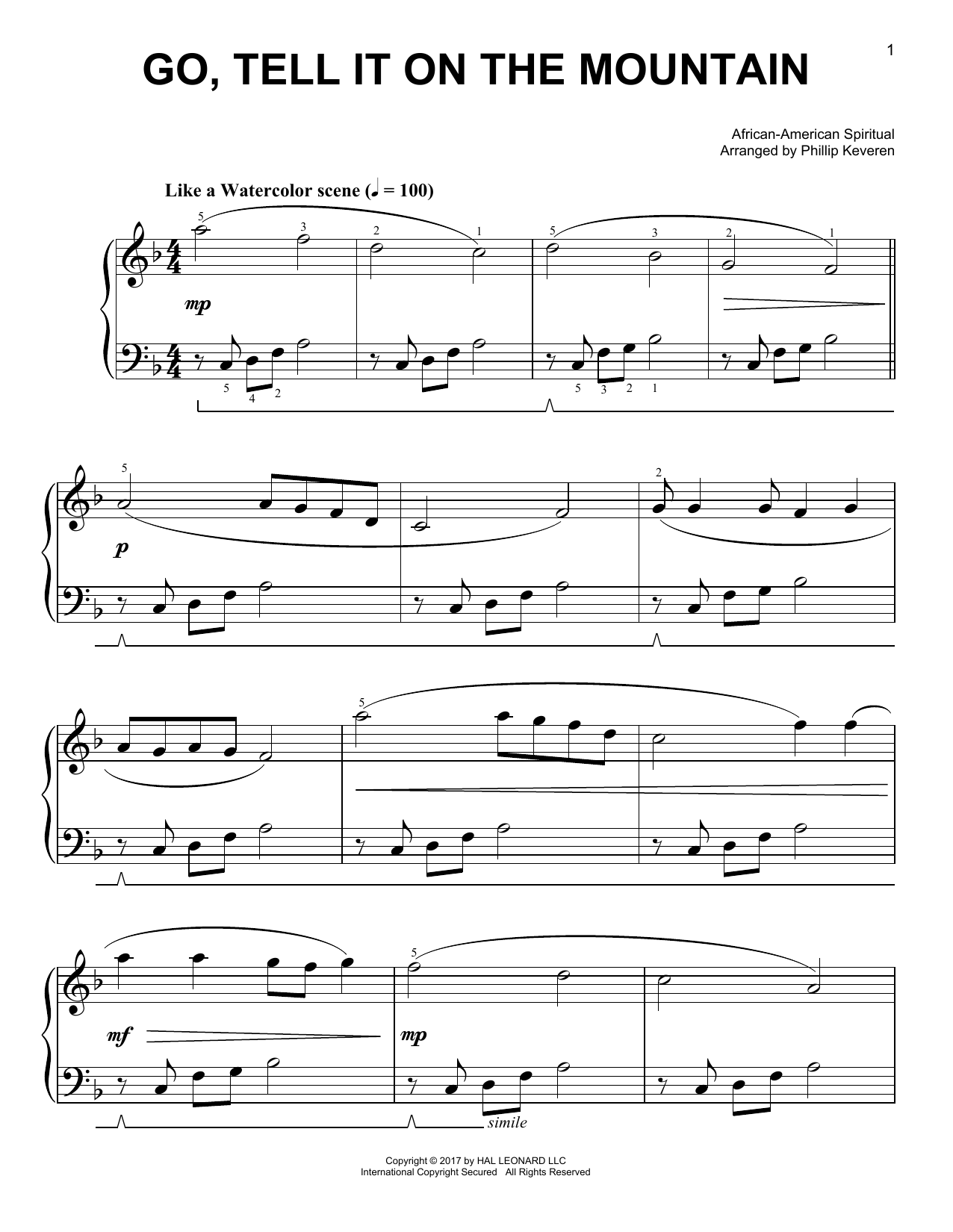 African-American Spiritual Go, Tell It On The Mountain [Classical version] (arr. Phillip Keveren) sheet music notes and chords arranged for Easy Piano