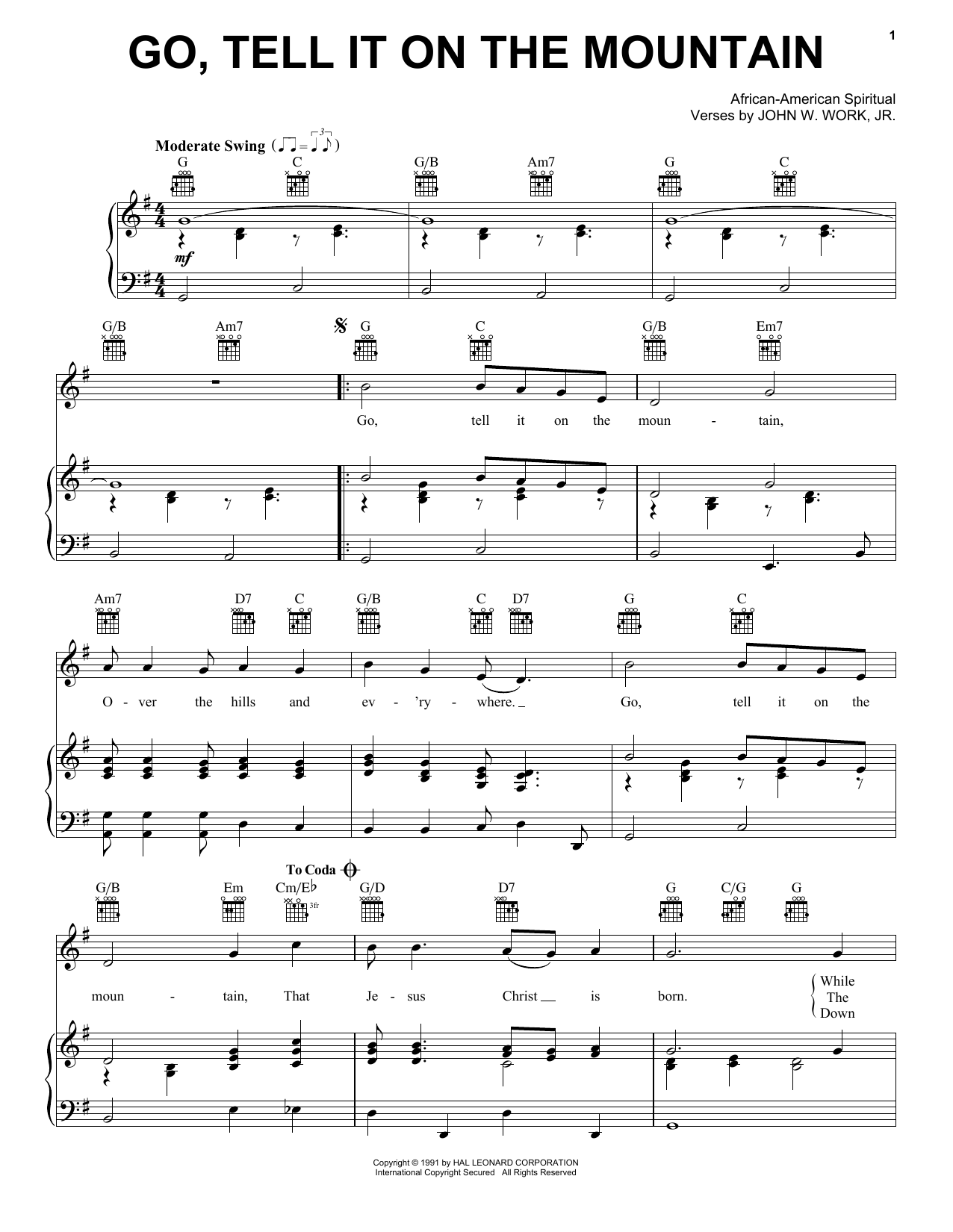 African-American Spiritual Go, Tell It On The Mountain sheet music notes and chords arranged for Super Easy Piano