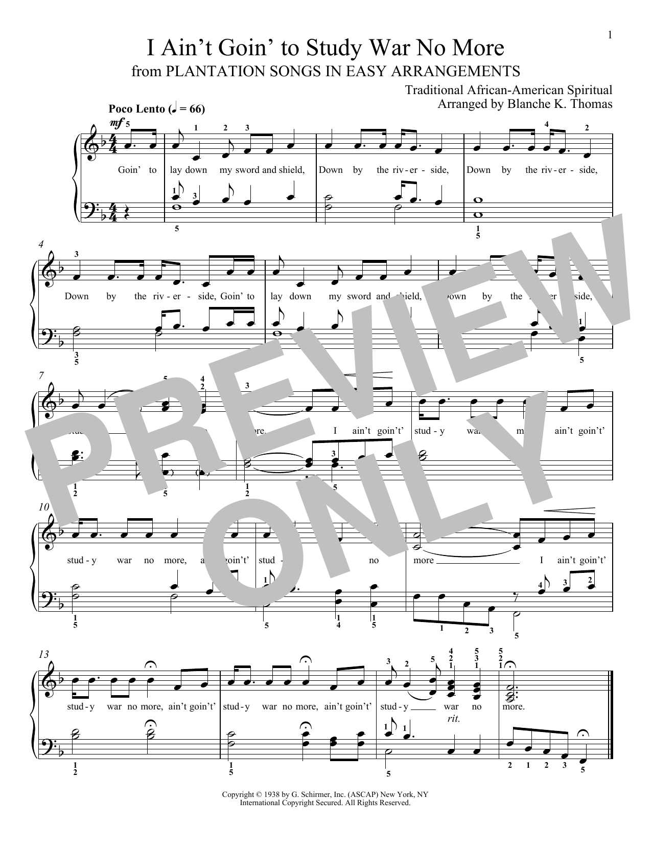 African-American Spiritual I Ain't Goin' To Study War No More sheet music notes and chords arranged for Piano Solo