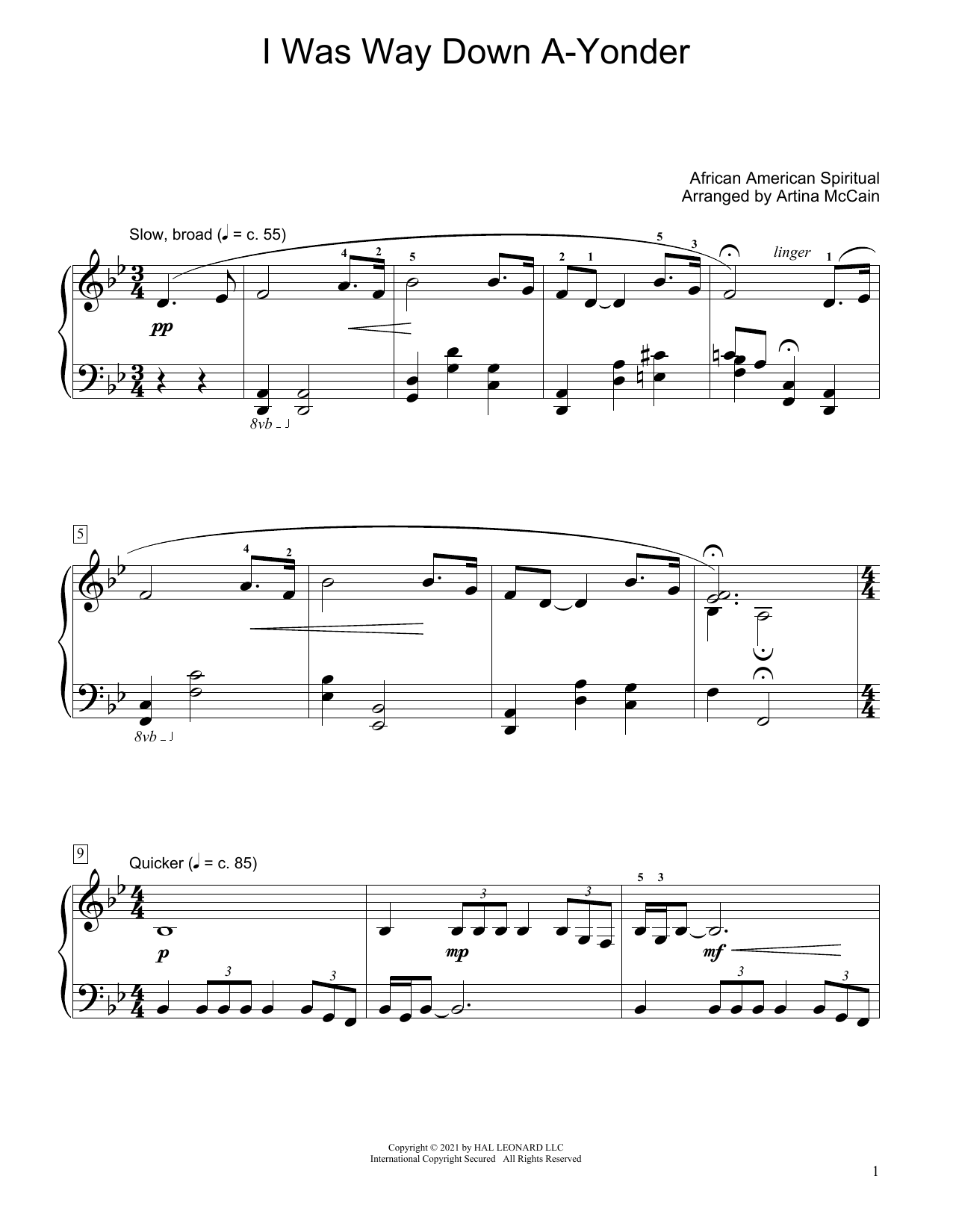 African American Spiritual I Was Way Down A-Yonder (arr. Artina McCain) sheet music notes and chords arranged for Educational Piano