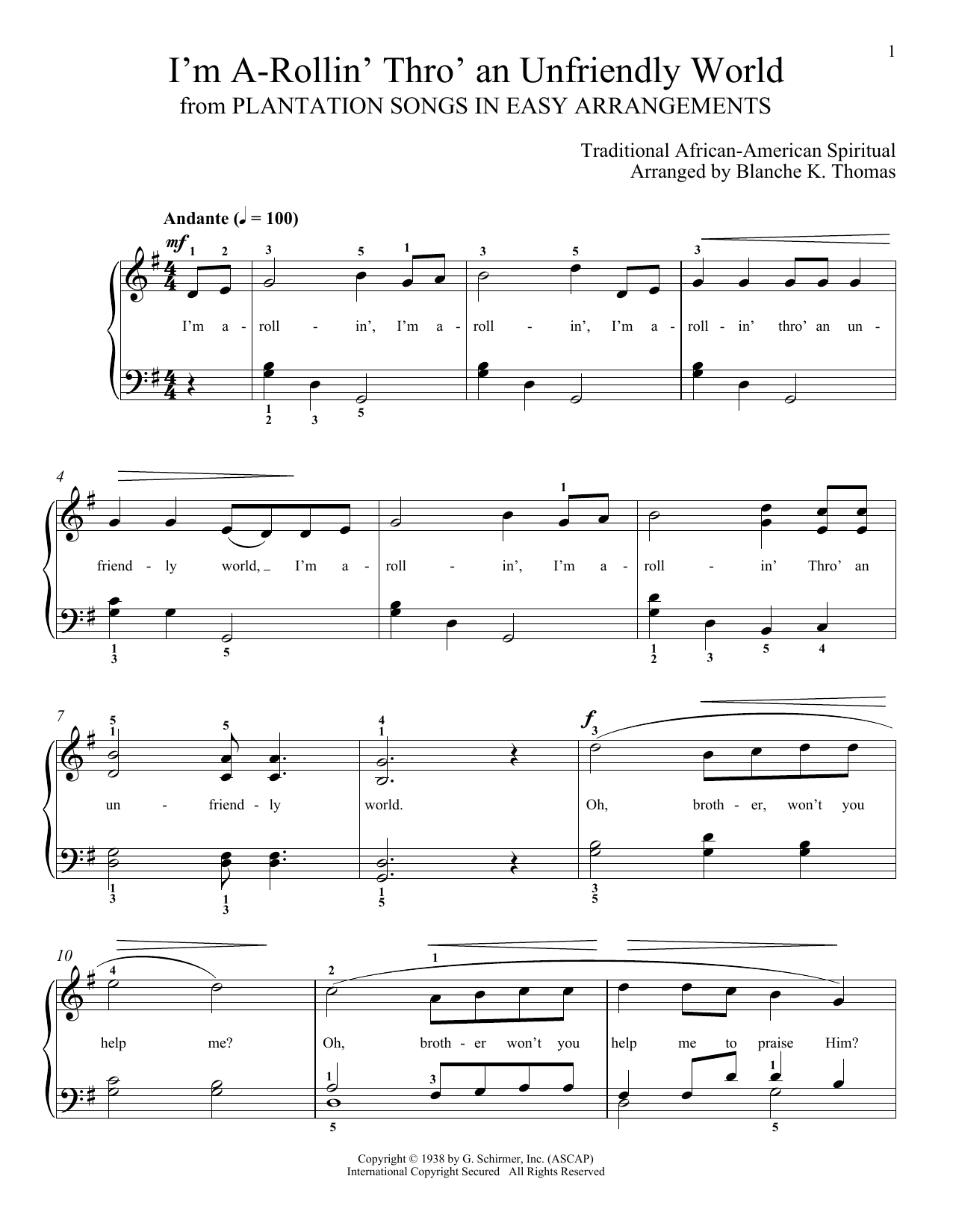 African-American Spiritual I'm A Rollin' Thro' An Unfriendly World sheet music notes and chords arranged for Piano Solo