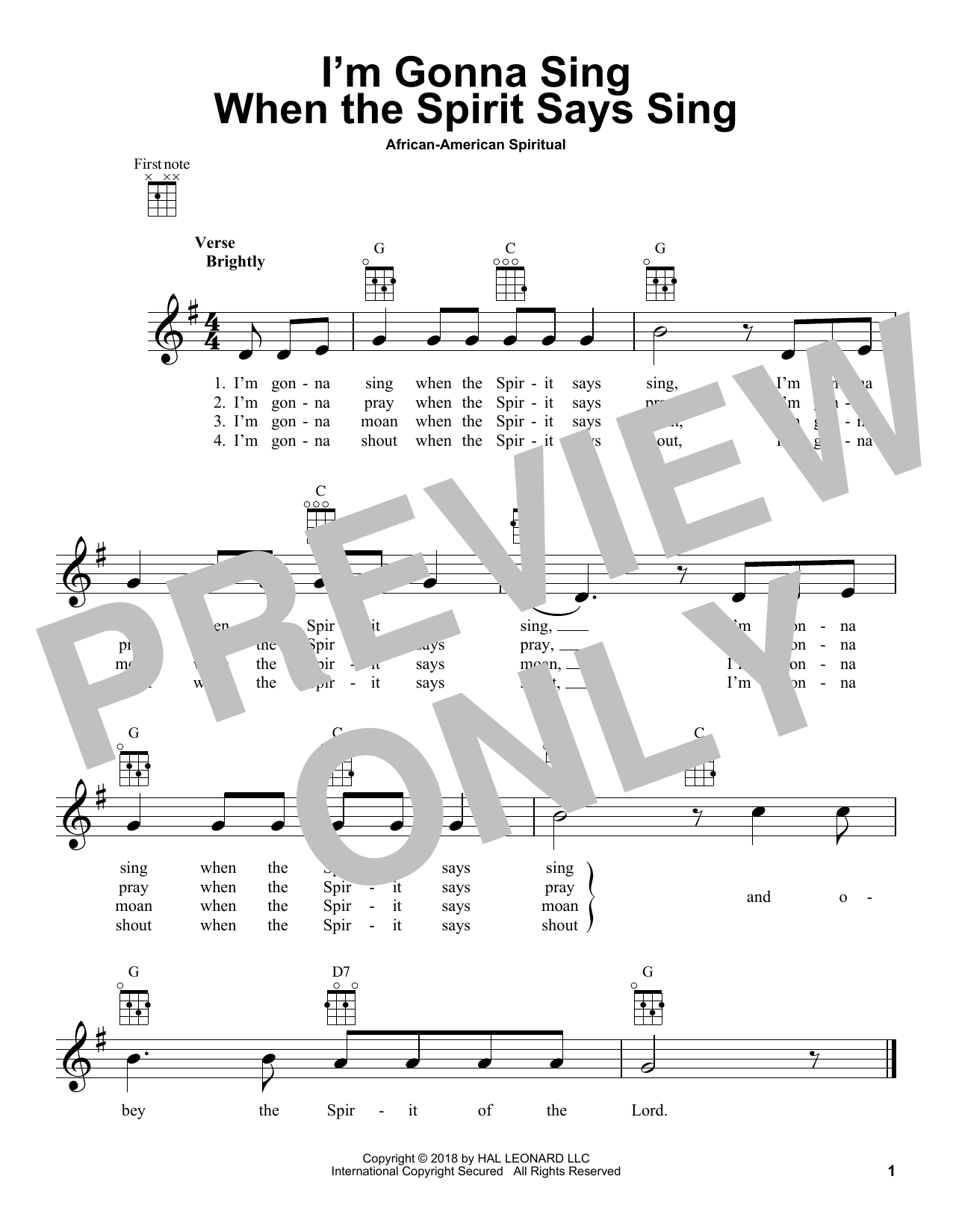 African-American Spiritual I'm Gonna Sing When The Spirit Says Sing sheet music notes and chords arranged for Ukulele