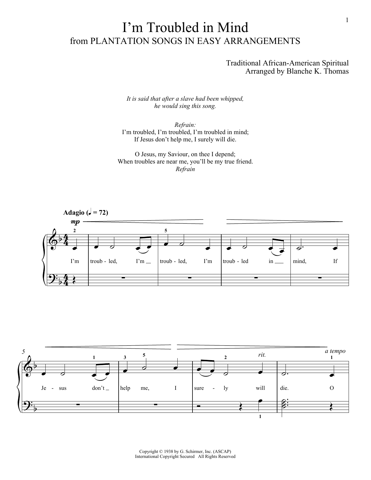 African-American Spiritual I'm Troubled In Mind sheet music notes and chords arranged for Piano Solo