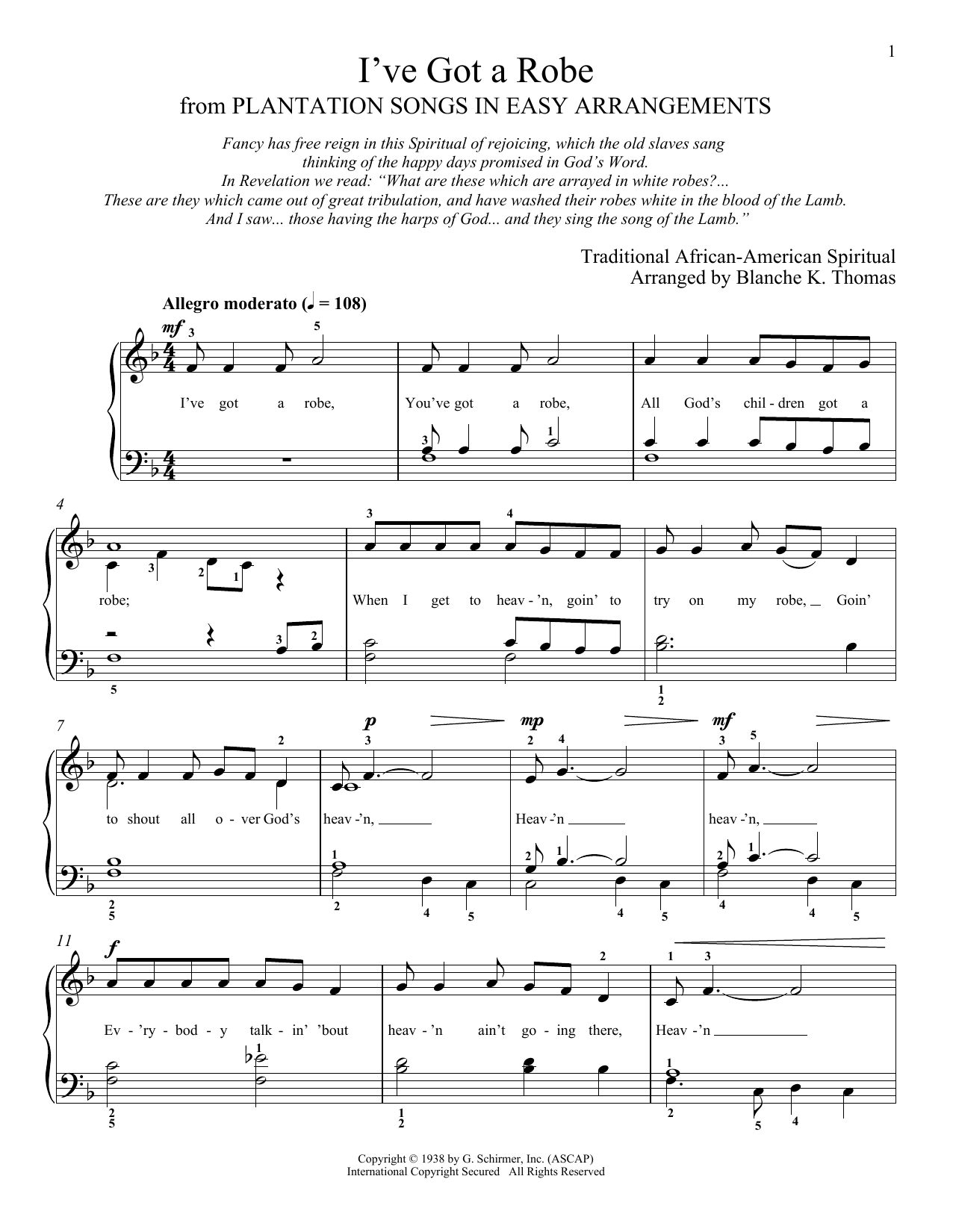 African-American Spiritual I've Got A Robe sheet music notes and chords arranged for Piano Solo