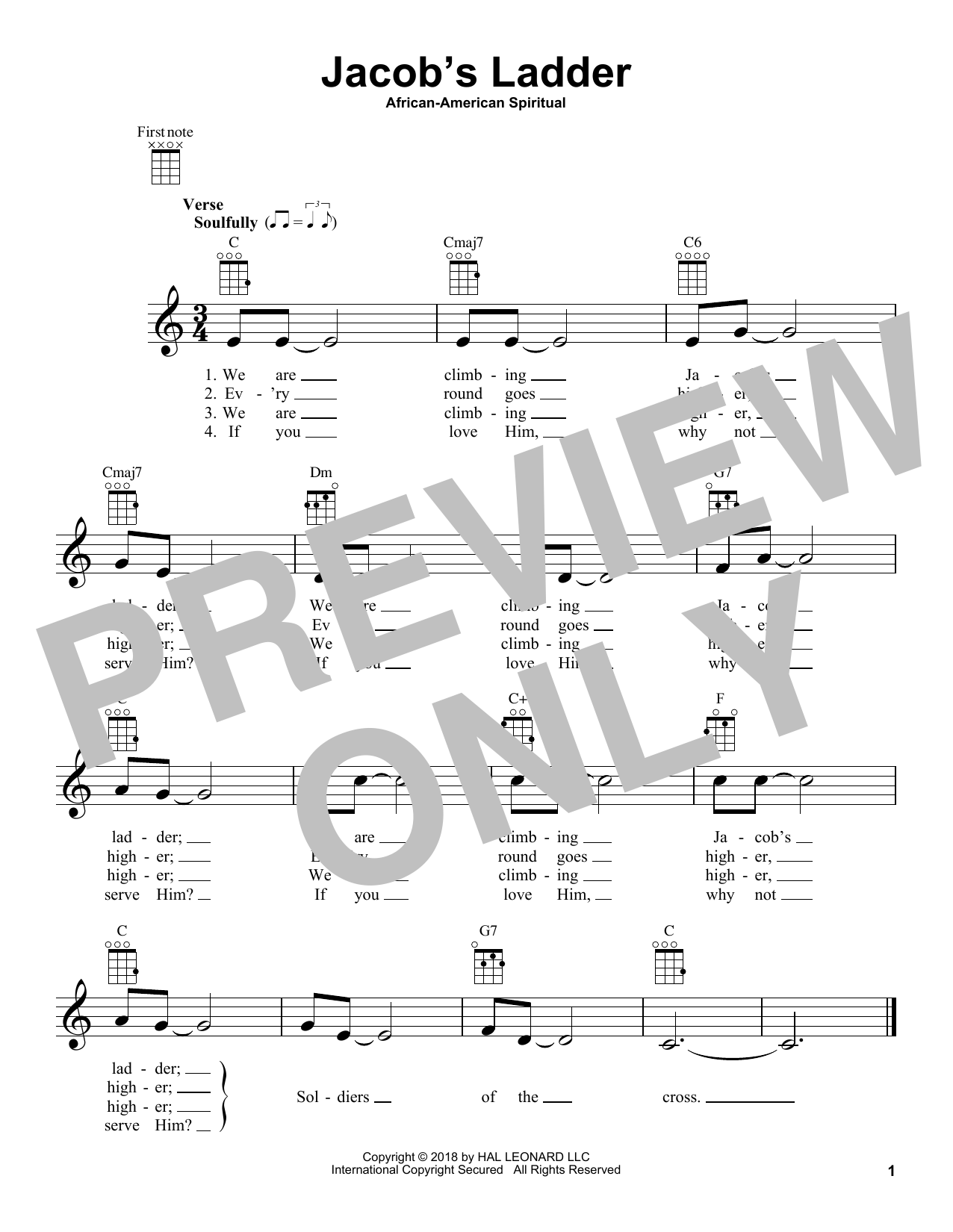 African-American Spiritual Jacob's Ladder sheet music notes and chords arranged for Ukulele