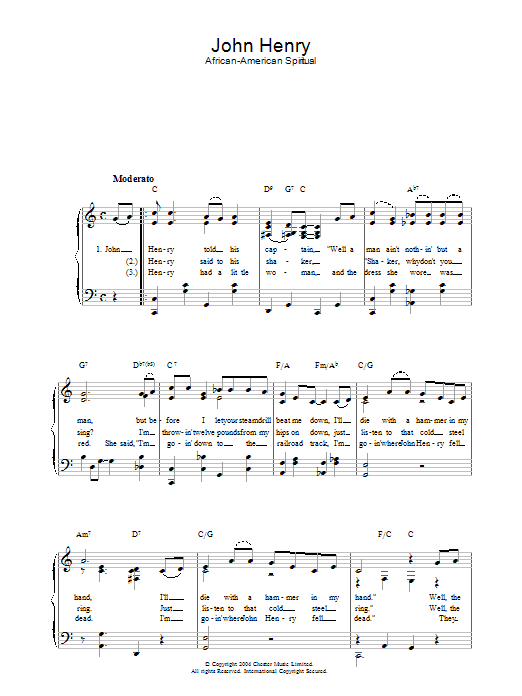 African-American Spiritual John Henry sheet music notes and chords arranged for Easy Piano