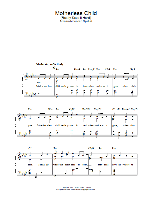 African-American Spiritual Motherless Child sheet music notes and chords arranged for Easy Piano