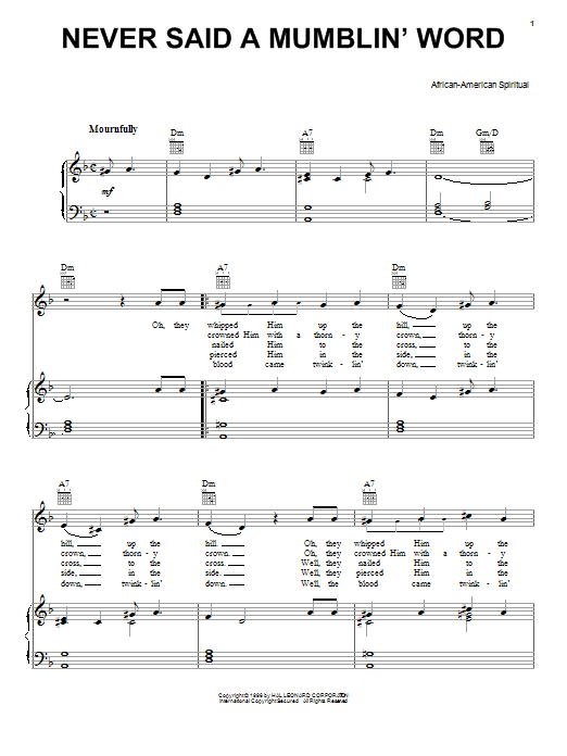 African-American Spiritual Never Said A Mumblin' Word (He Never Said A Mumblin' Word) sheet music notes and chords arranged for Piano, Vocal & Guitar Chords (Right-Hand Melody)