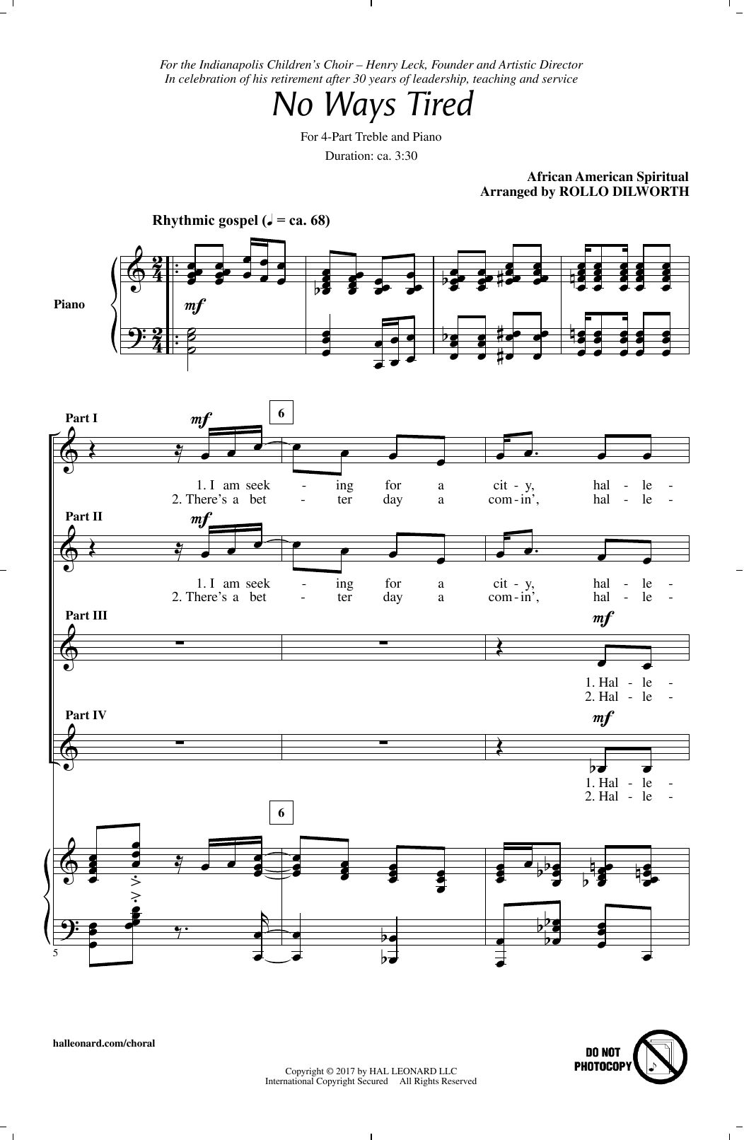 African American Spiritual No Ways Tired (arr. Rollo Dilworth) sheet music notes and chords arranged for SATB Choir