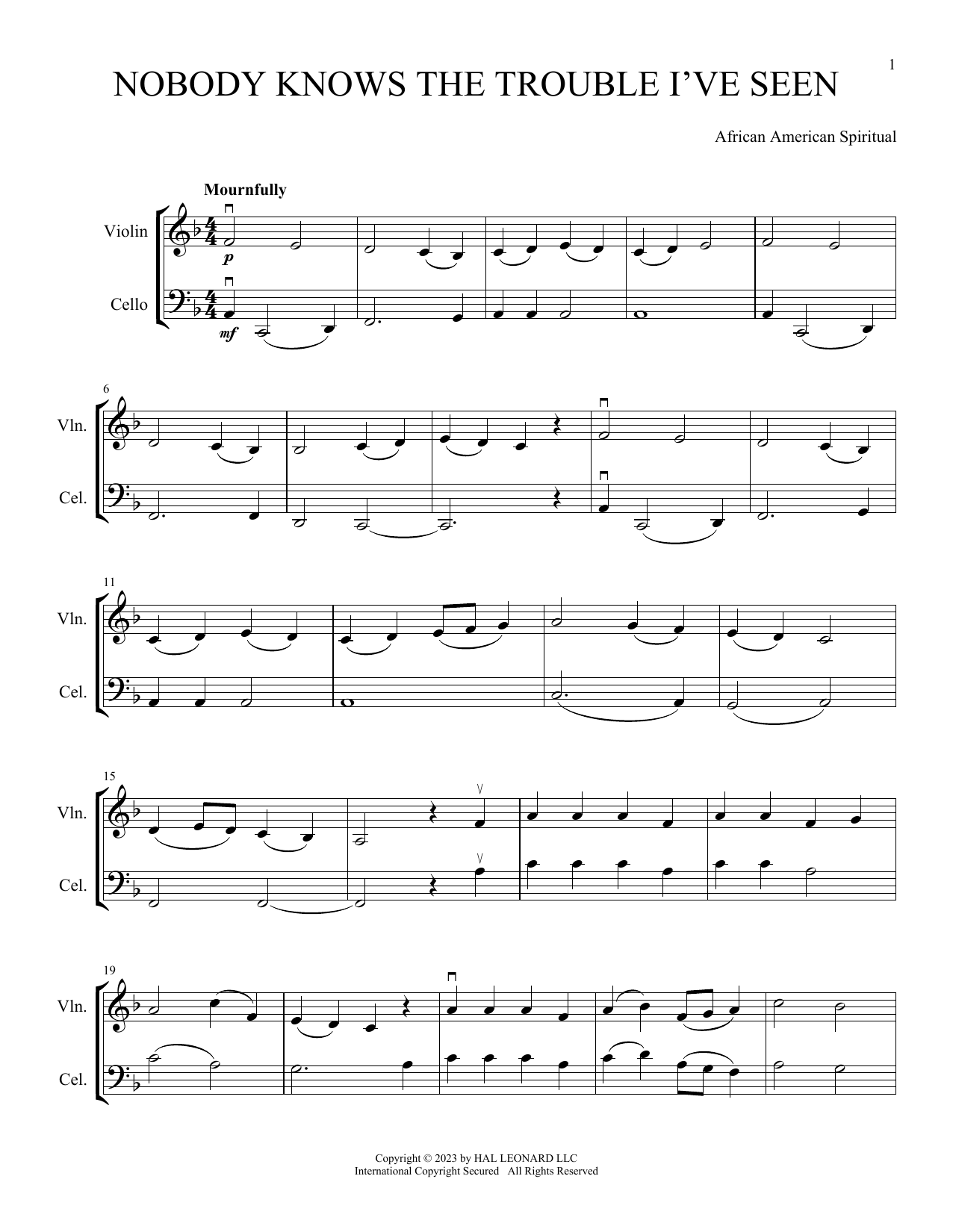African American Spiritual Nobody Knows The Trouble I've Seen (arr. Michelle Hynson) sheet music notes and chords arranged for Instrumental Duet