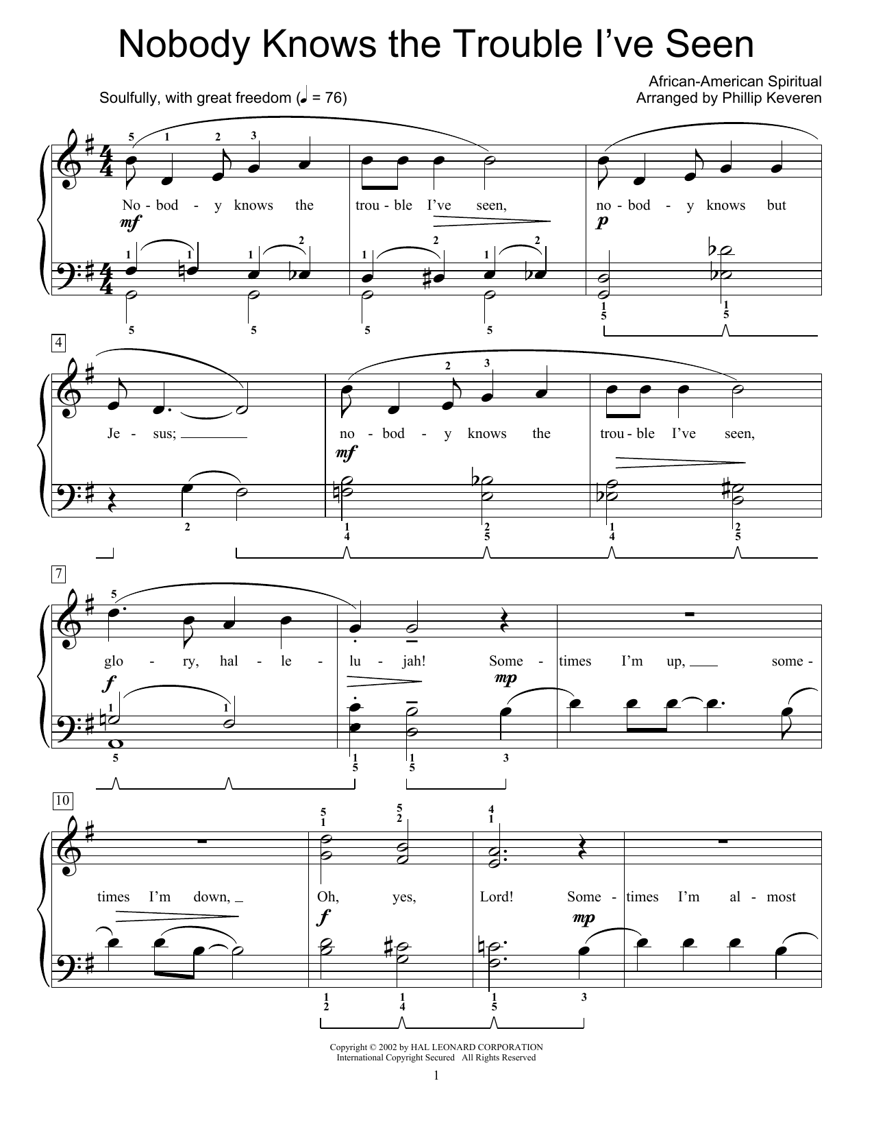 African-American Spiritual Nobody Knows The Trouble I've Seen (arr. Phillip Keveren) sheet music notes and chords arranged for Educational Piano