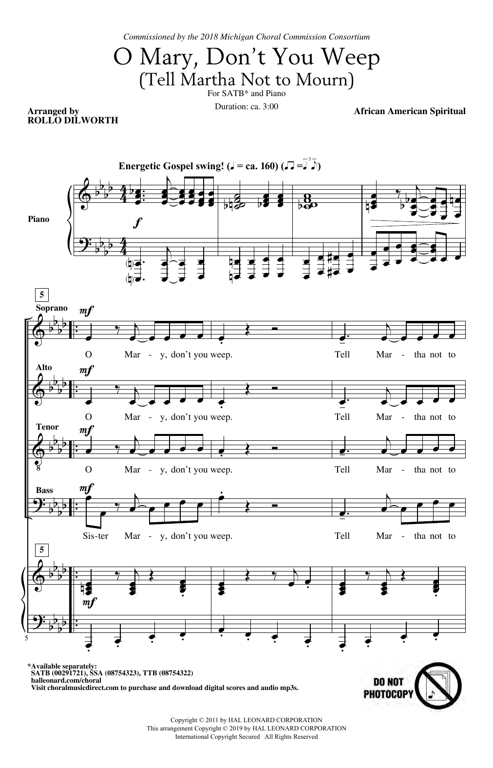 African-American Spiritual O Mary, Don't You Weep (Tell Martha Not to Mourn) (arr. Rollo Dilworth) sheet music notes and chords arranged for SATB Choir