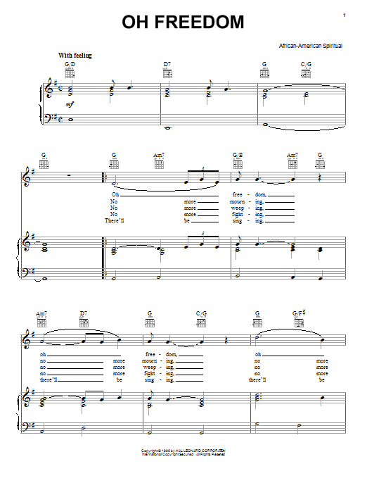 African-American Spiritual Oh Freedom sheet music notes and chords arranged for Piano, Vocal & Guitar Chords (Right-Hand Melody)