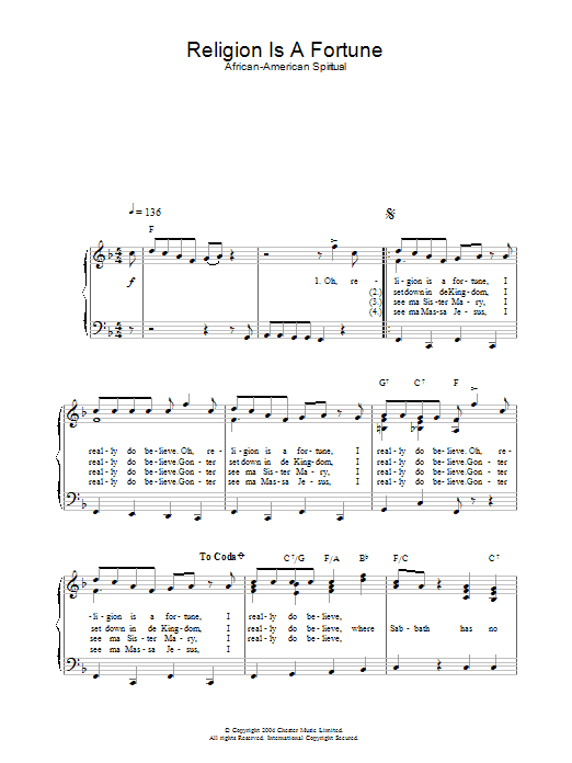 African-American Spiritual Religion Is A Fortune sheet music notes and chords arranged for Easy Piano
