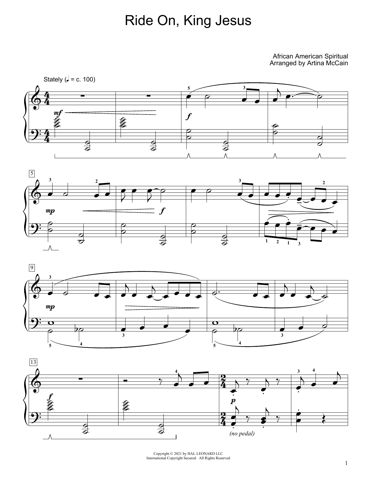 African-American Spiritual Ride On, King Jesus (arr. Artina McCain) sheet music notes and chords arranged for Educational Piano