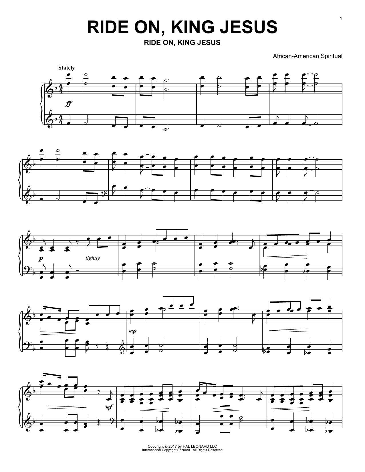 African-American Spiritual Ride On, King Jesus sheet music notes and chords arranged for Piano Solo