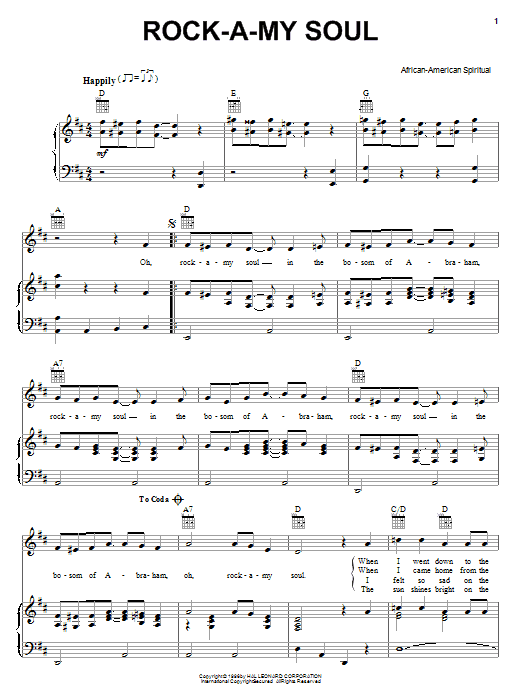 African-American Spiritual Rock A My Soul sheet music notes and chords arranged for Easy Piano